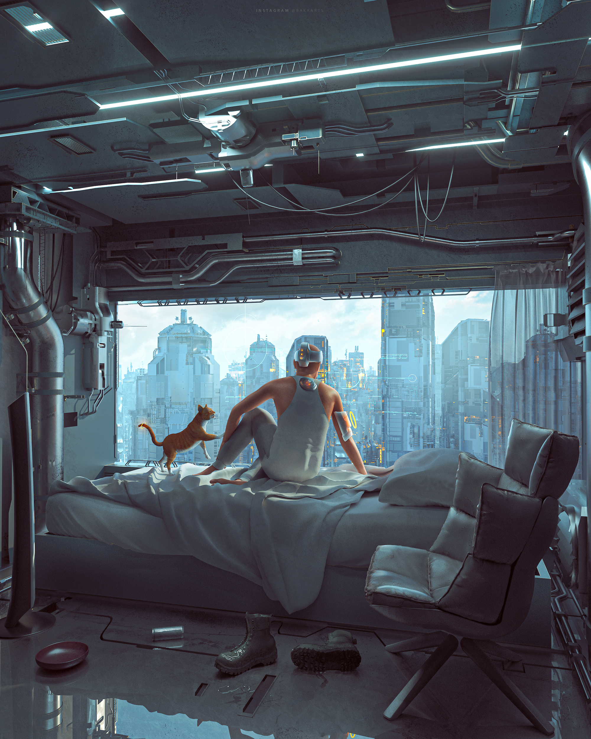 The meme is an image of a person sitting on a couch, staring out the window at a cityscape. The person is wearing a futuristic-looking headset and has a robotic arm on their side. The text "I'm not lazy, I'm just on energy-saving mode" appears on the screen of their headset.